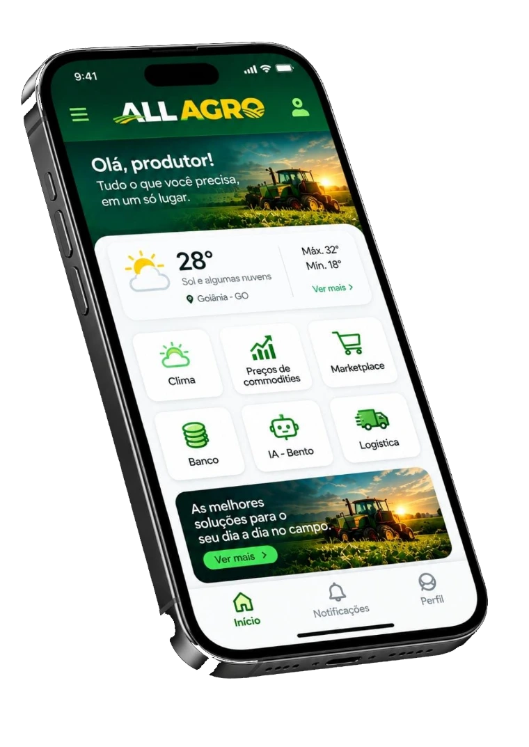 O aplicativo do ALL AGRO no celular: clima, cotações, marketplace, logística e o assistente Bento